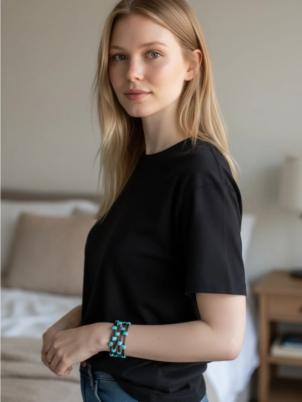 NEW Lucky Brand Turquoise Bead Black Leather Multi Cord Bracelet NWT